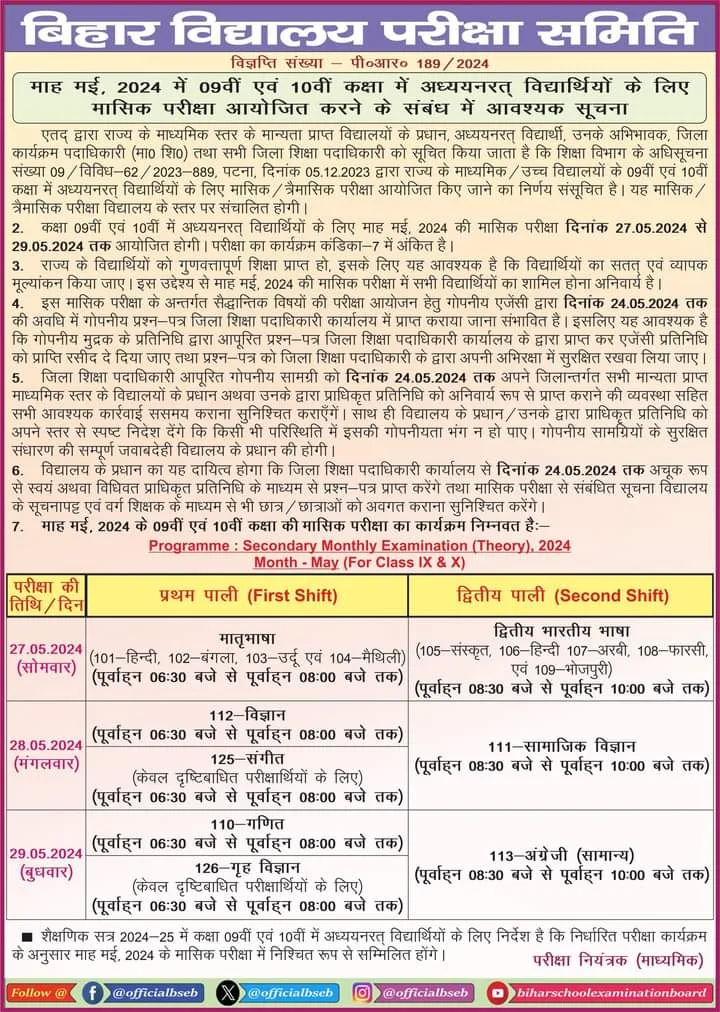 9th 10th May Monthly Exam 2024 Routine