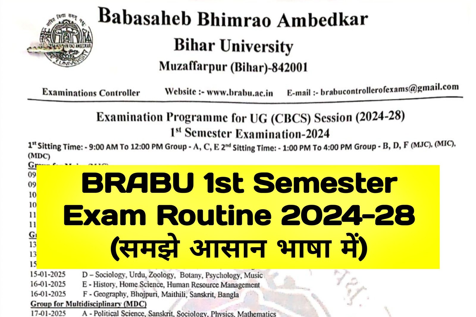 BRABU 1st Semester Exam Date 2024-28