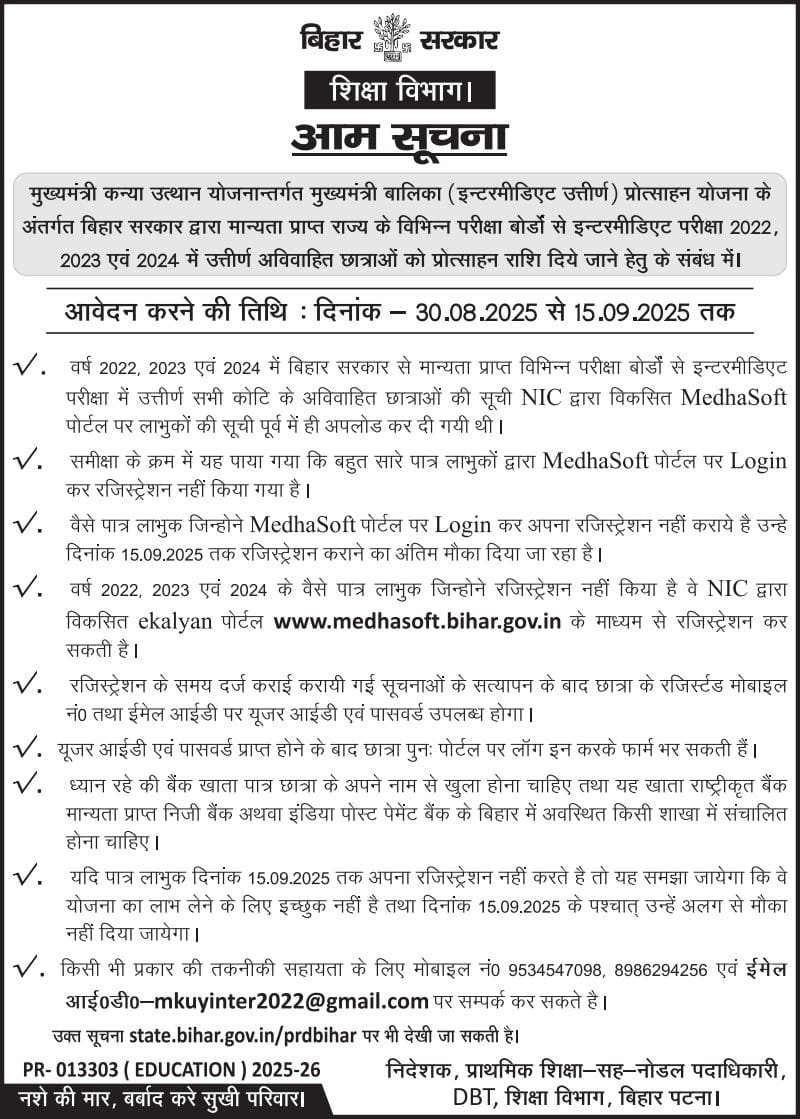 Bihar Inter Pass Scholarship 2025