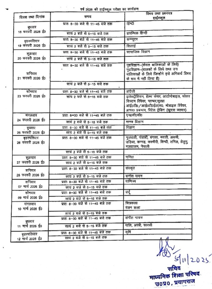 UP Board 10th Class Time Table 2026