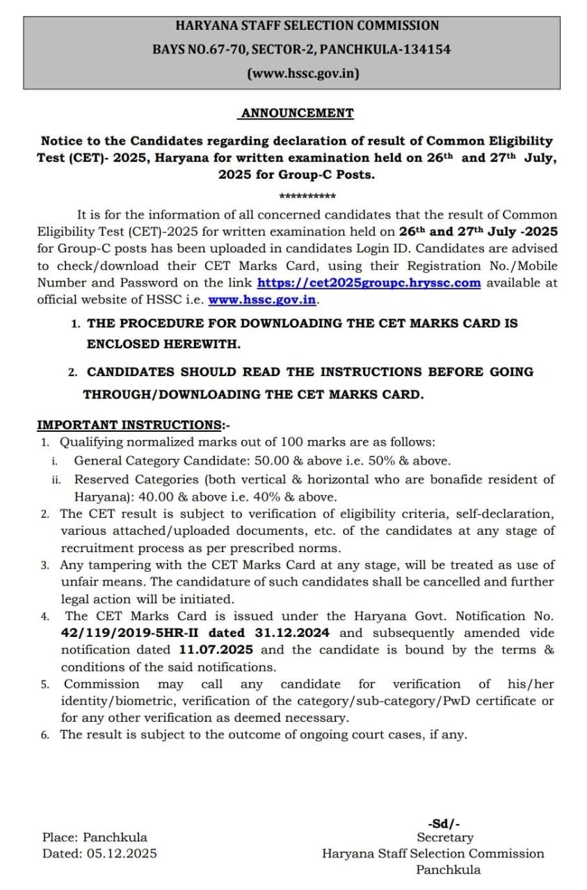 HSSC CET Result 2025