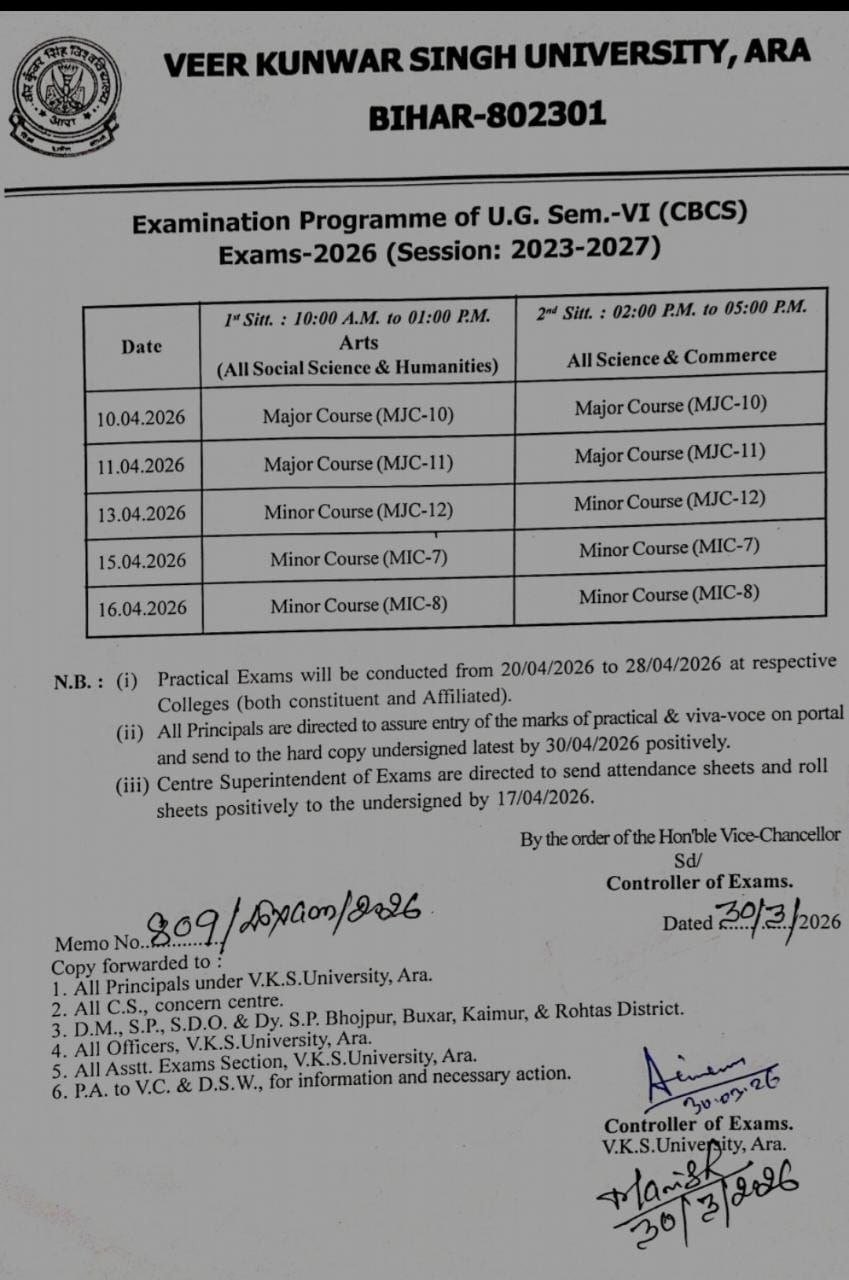 VKSU UG 6th Semester Exam Date 2026 (Session 2023-27)