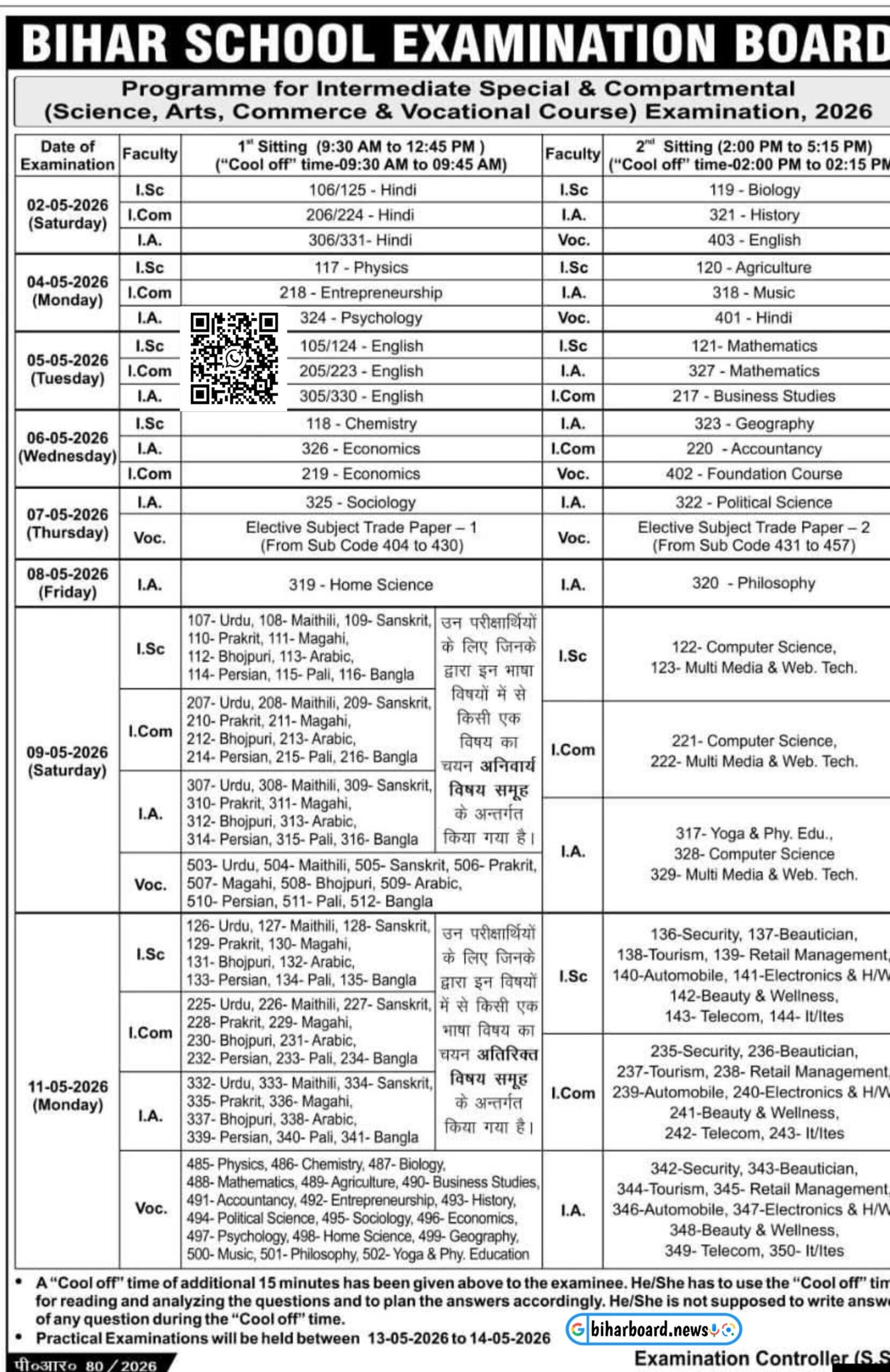 Bihar Board 12th Special and Compartmental Exam Routine 2026