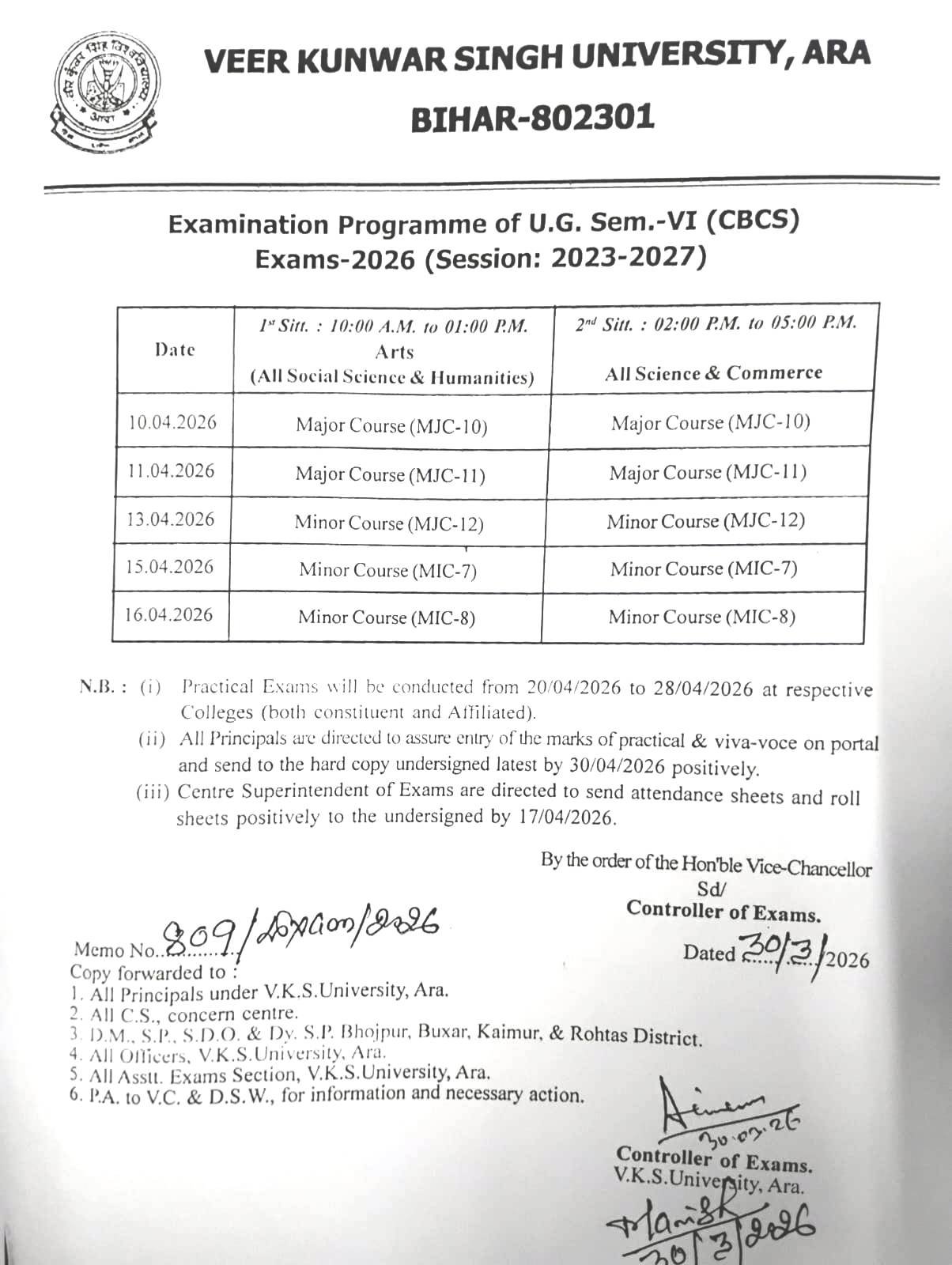 VKSU UG Semester 6 Exam Date 2026
