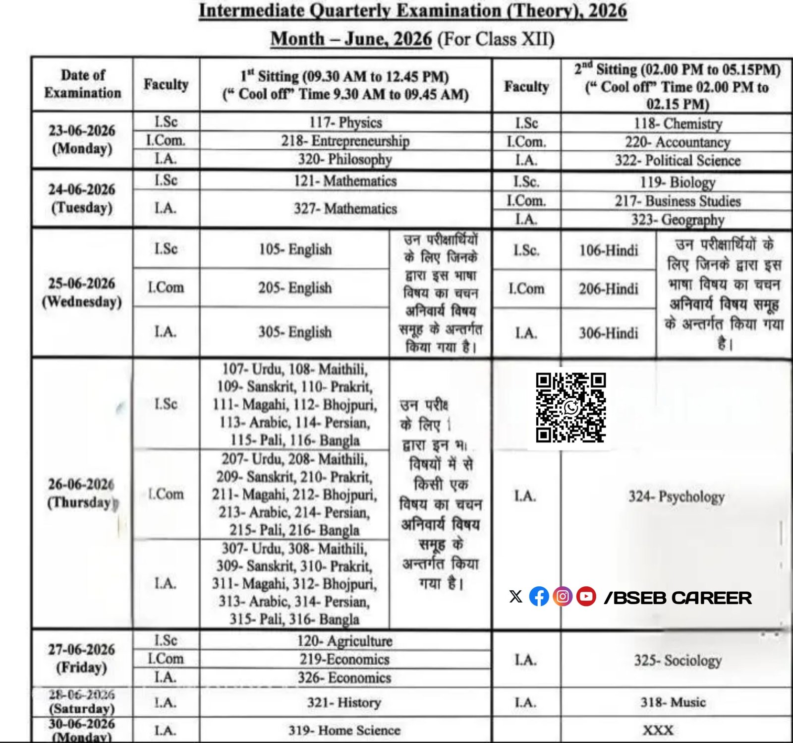 Bihar Board 12th Quarterly Exam Routine 2026