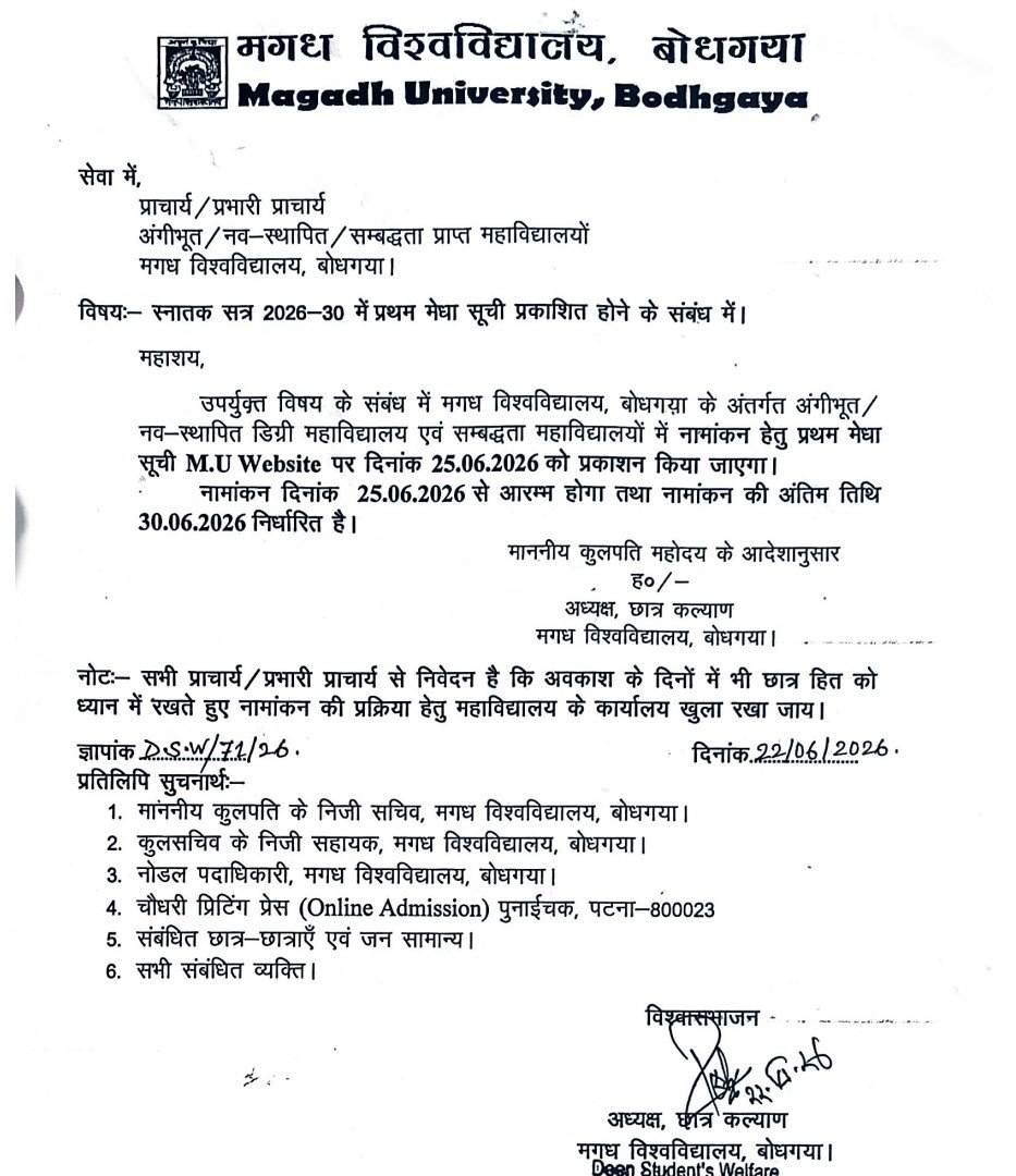 Magadh University UG Admission 1st Merit List 2026-30