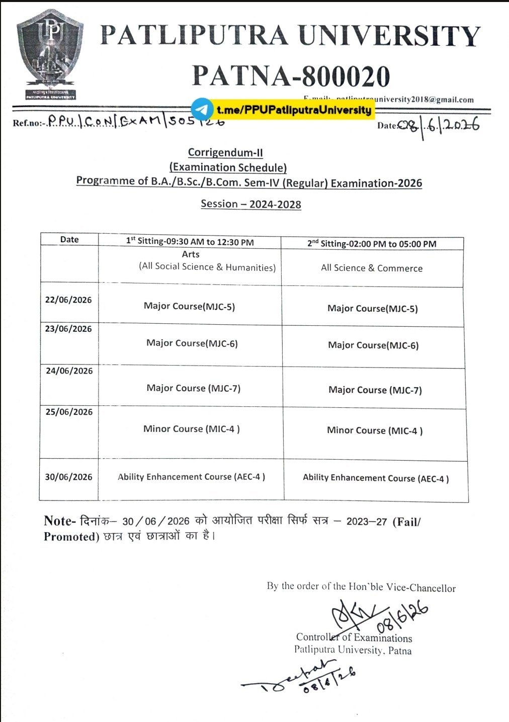 PPU UG 4th Semester Exam Date 2024-28