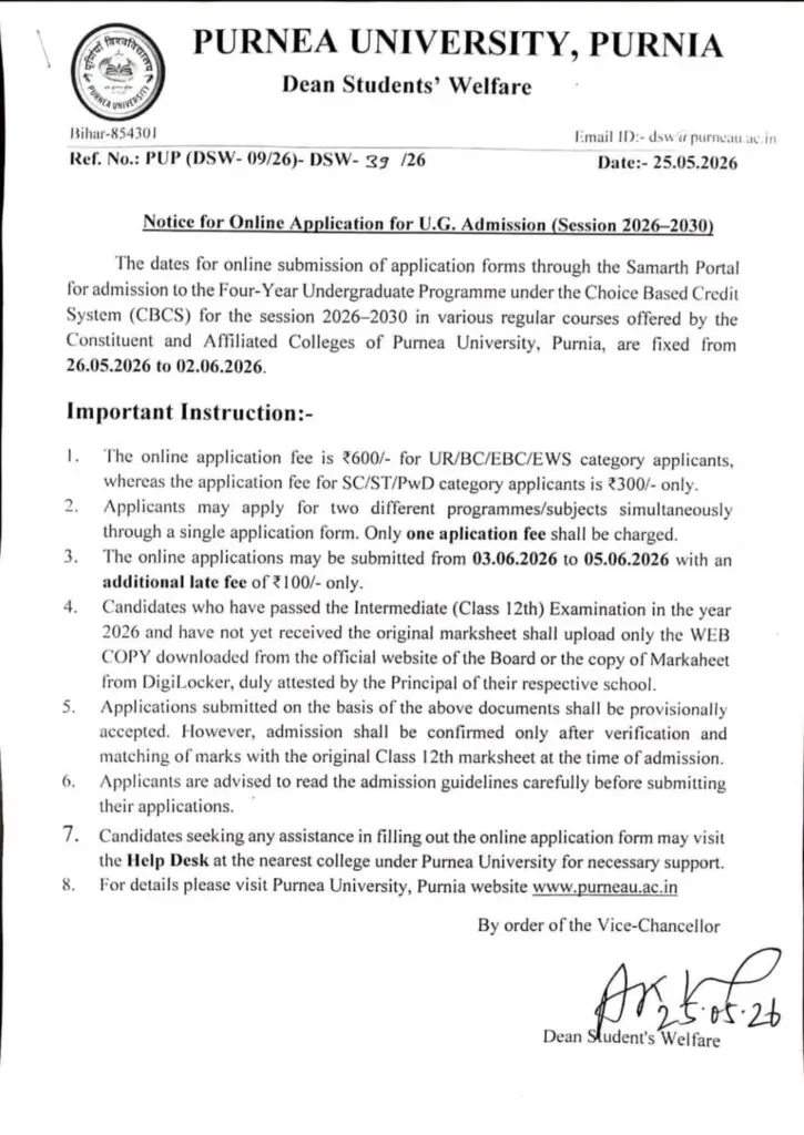 Purnea University UG 1st Merit List 2026