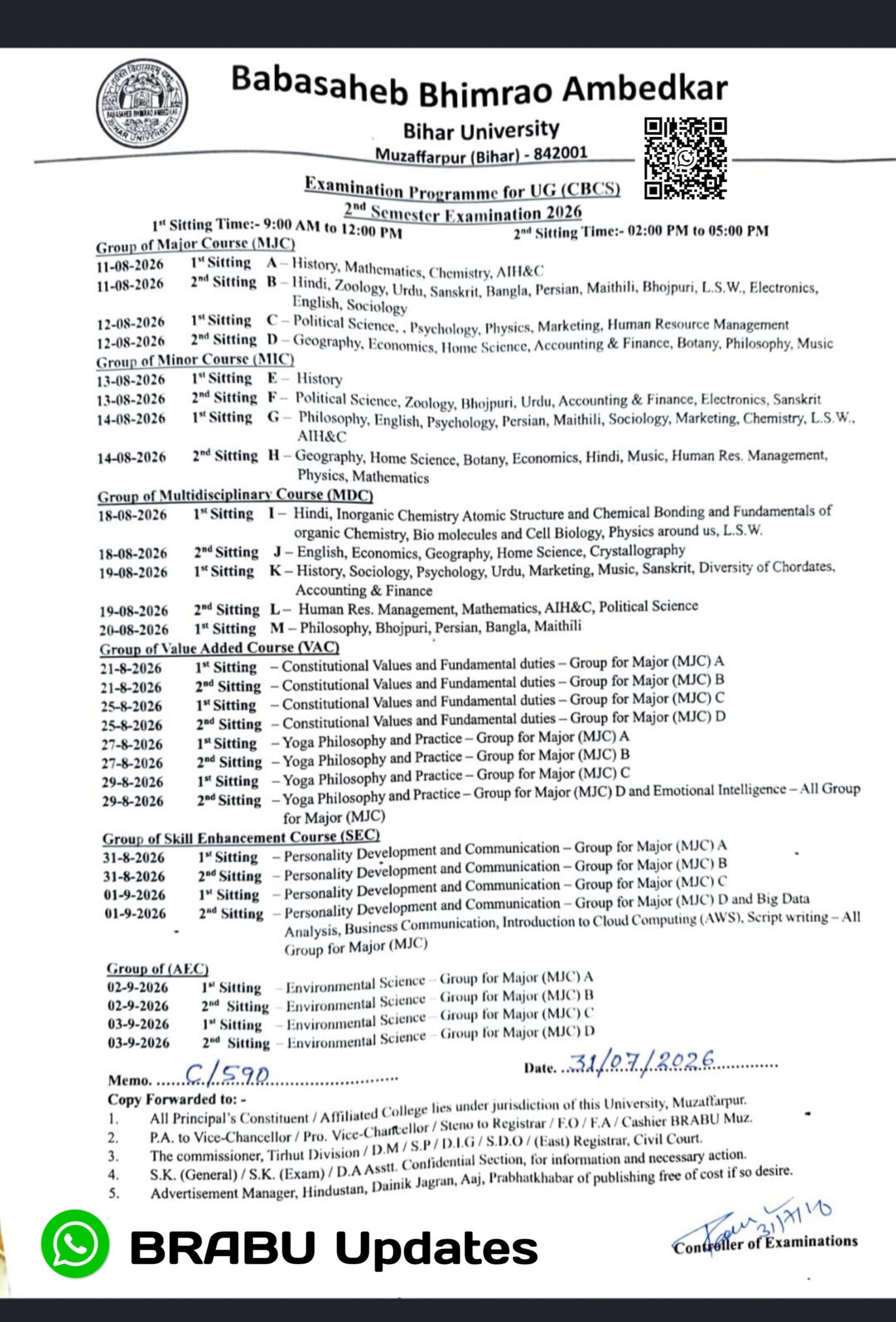 BRABU UG 2nd Semester Exam Routine 2026