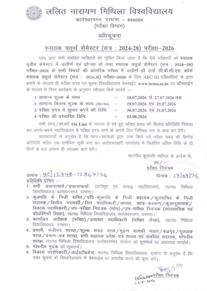 LNMU UG 4th Semester Exam Form 2024-28