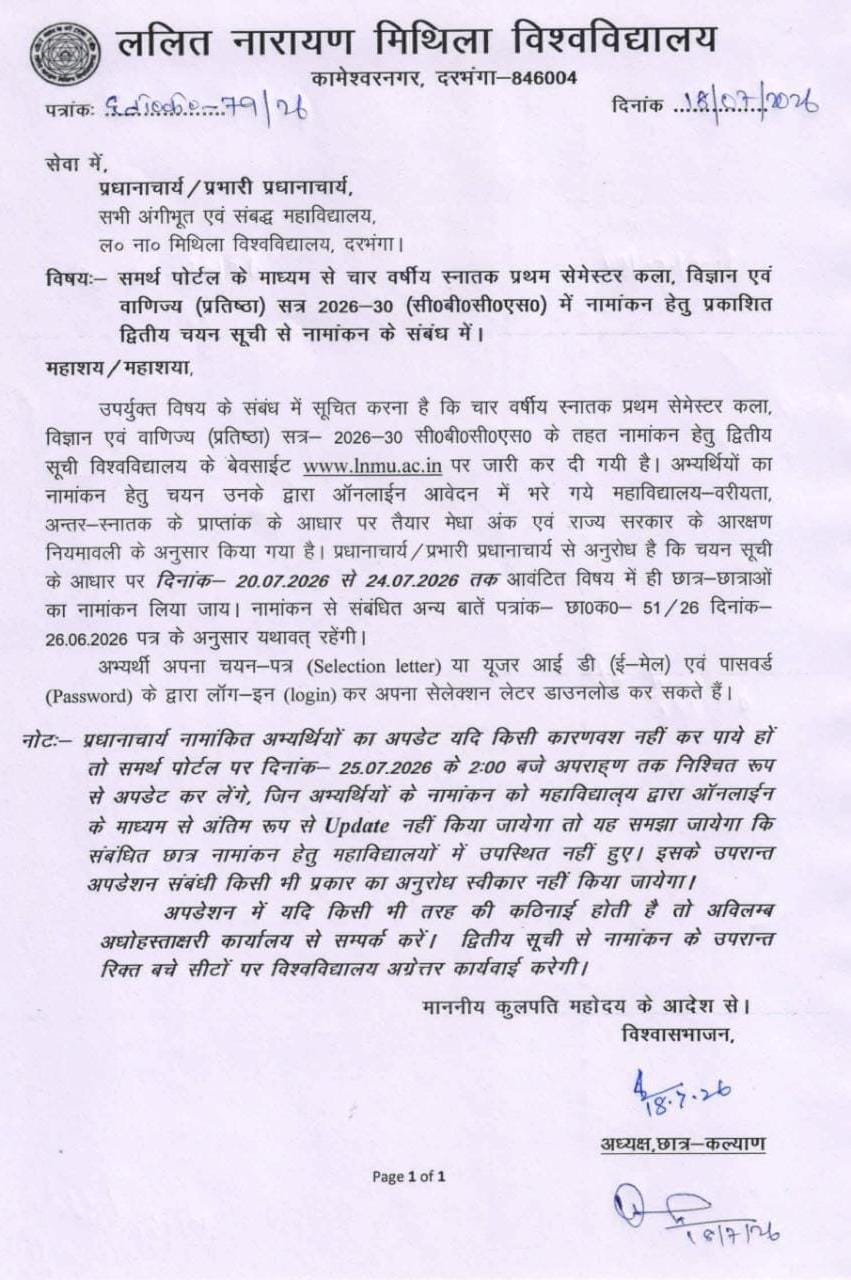 LNMU UG 2nd Merit List 2026-30