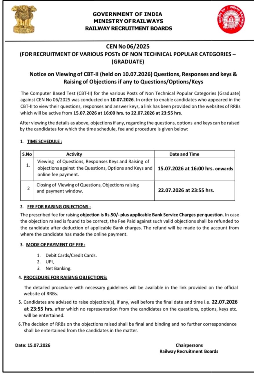 RRB NTPC Graduate 2025 CBT-2 Answer Key Released