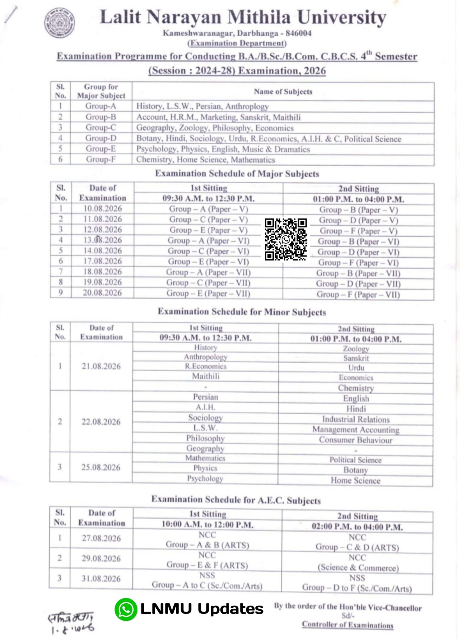 LNMU UG 4th Semester Exam Routine 2026