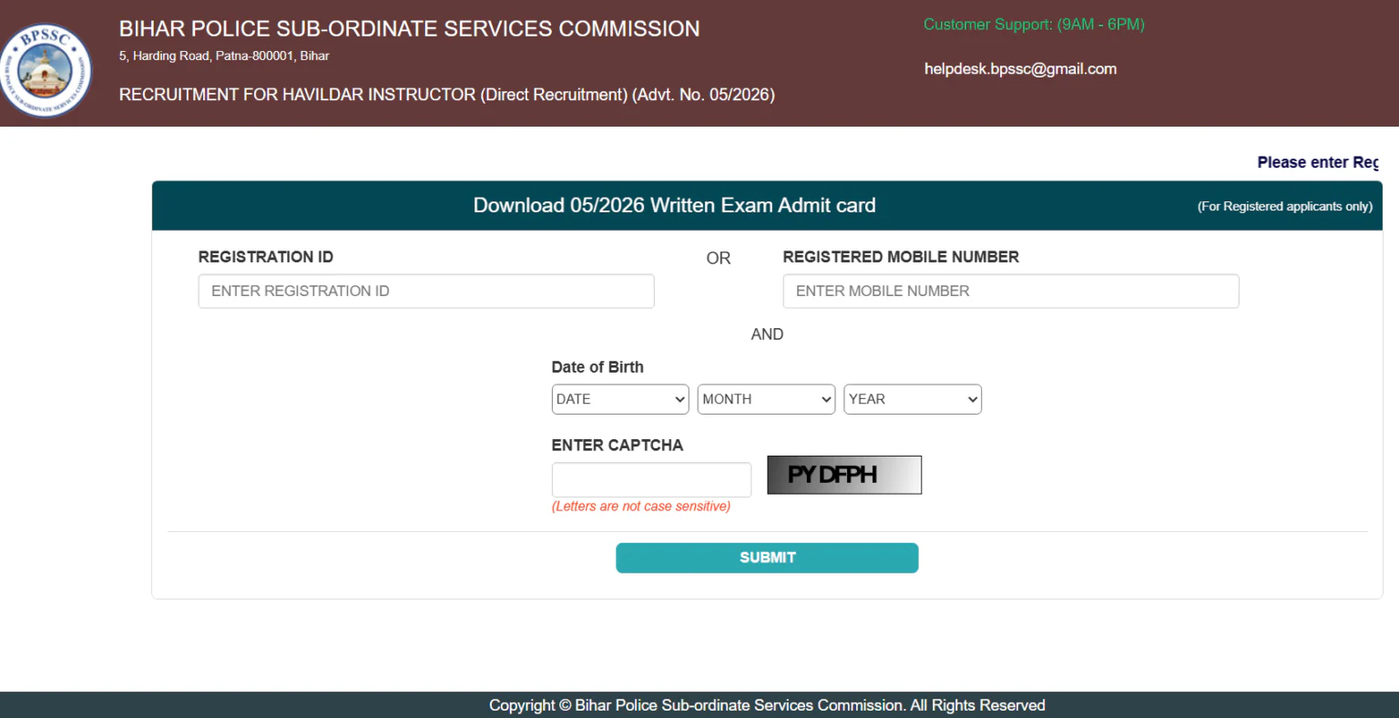 BPSSC Bihar Police ASI Technical Admit Card 2026