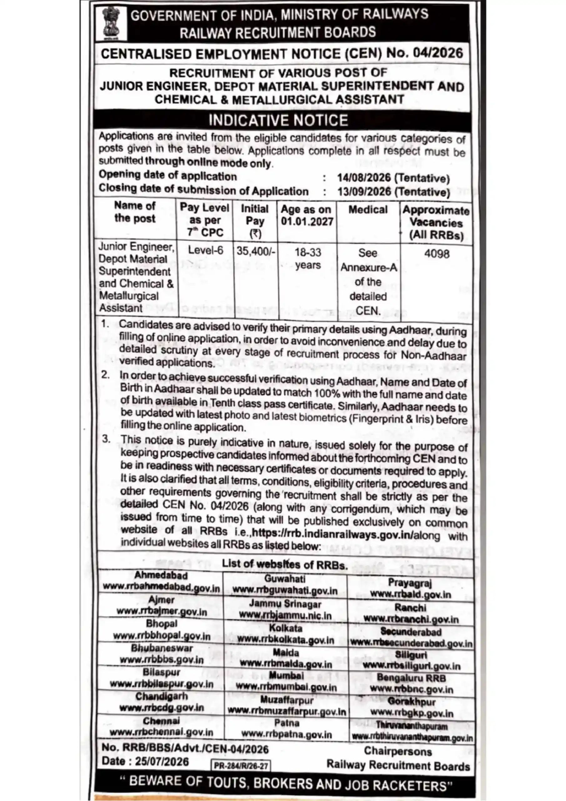 RRB JE Vacancy 2026
