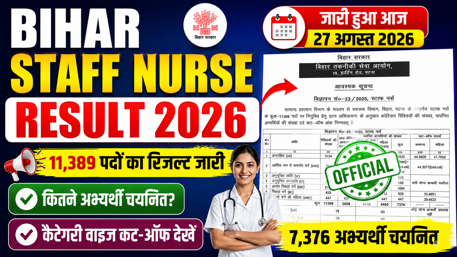 Bihar Staff Nurse Result 2026