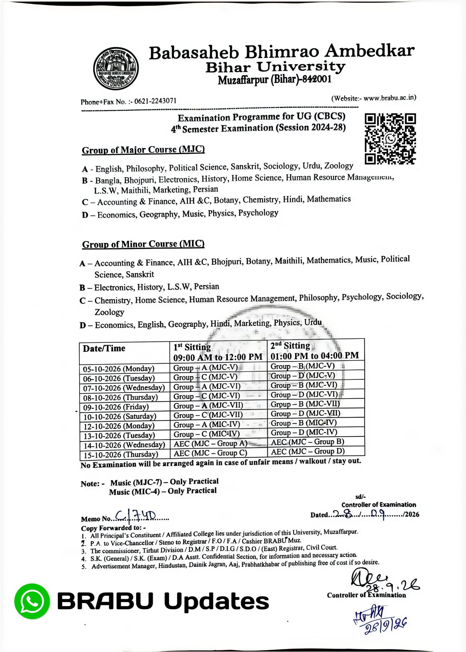 BRABU UG 4th Semester Exam Date 2026