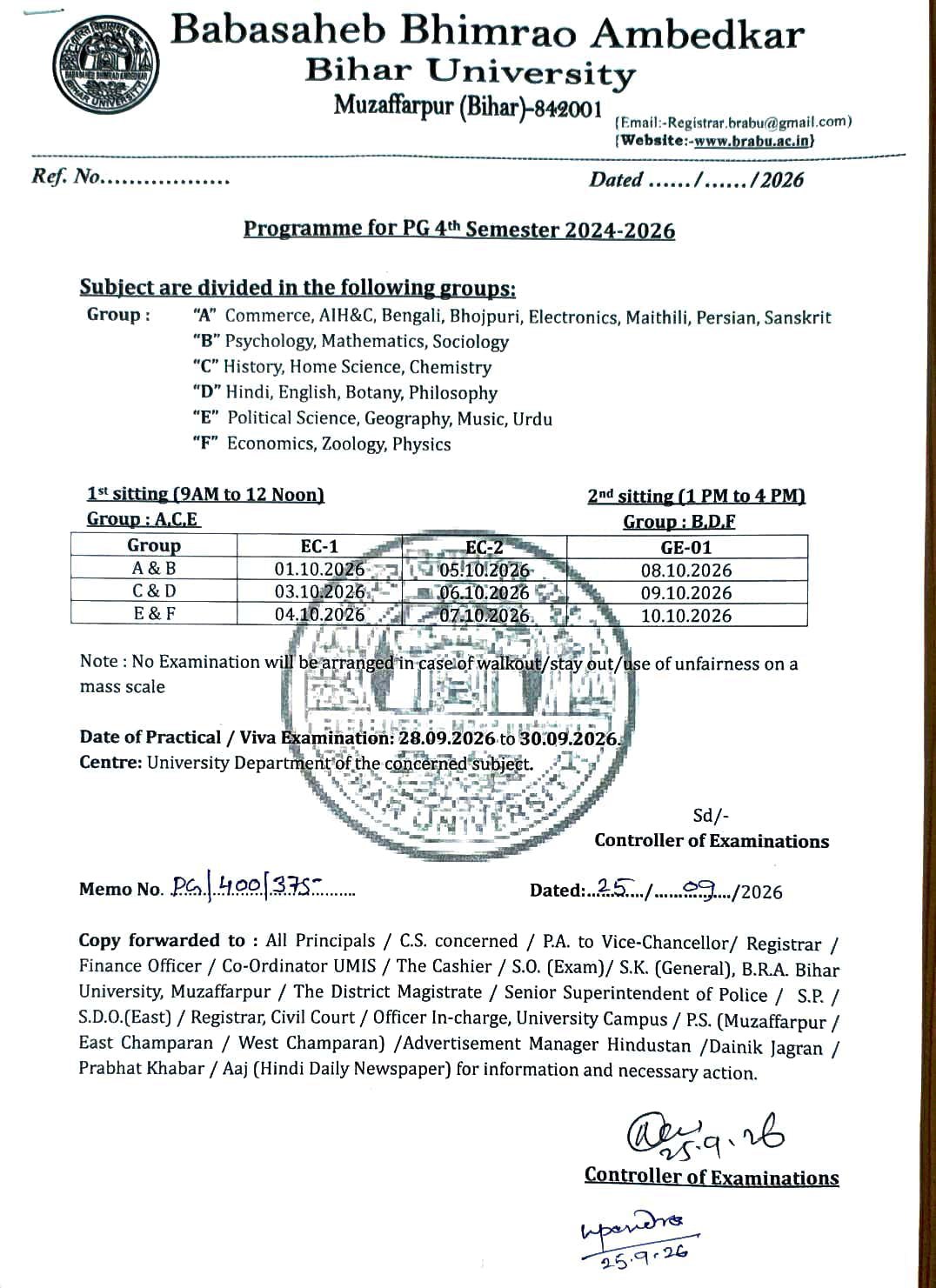 BRABU PG 4th Semester Exam Programme 2026