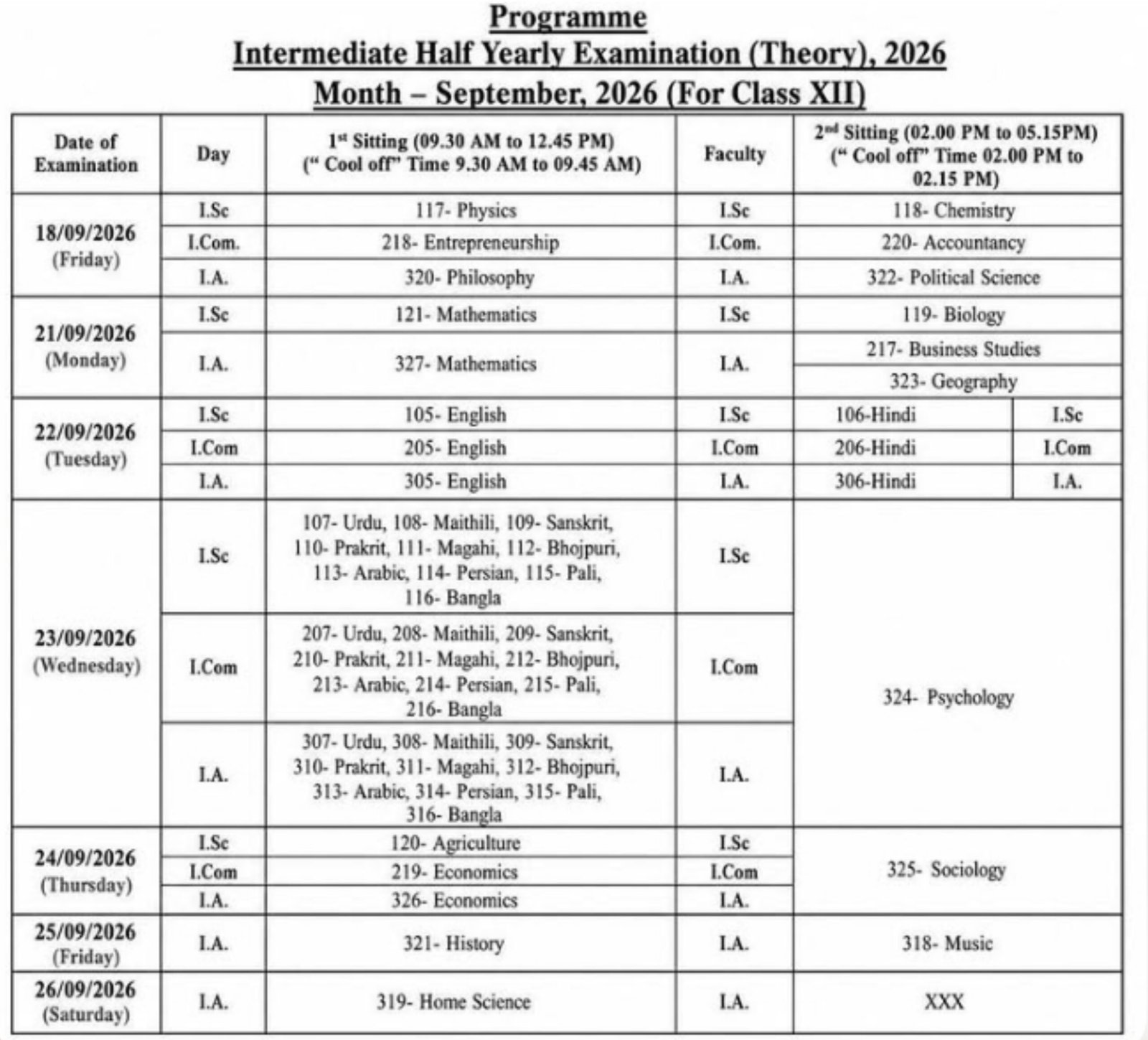 Bihar Board 12th Half Yearly Exam Routine 2026