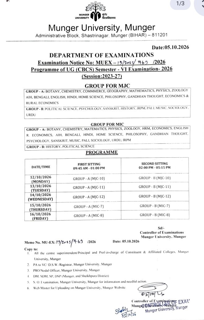Munger University UG 6th Semester Exam Programme 2026