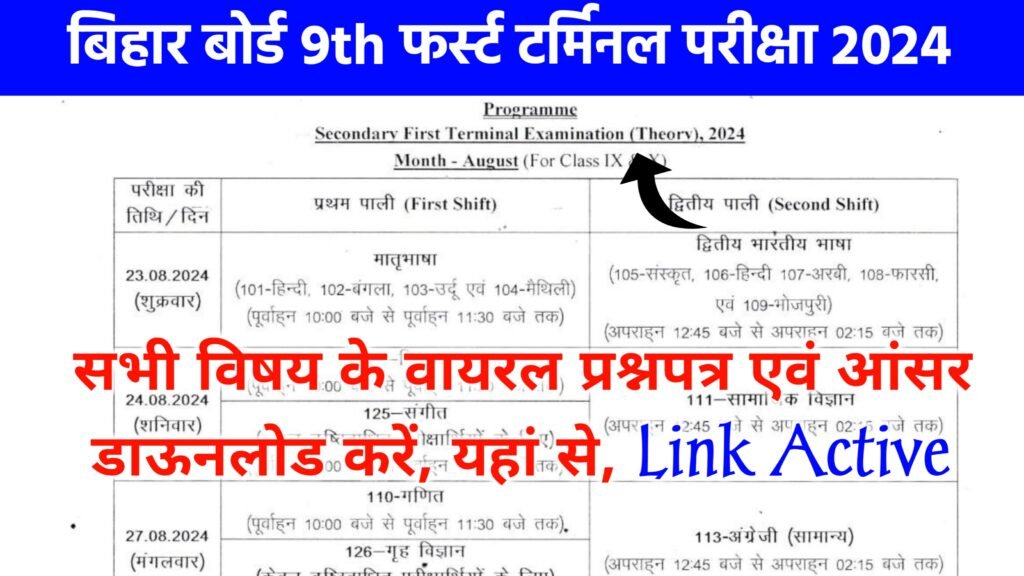 Bihar Board 9th First Terminal Exam 2024 All Subjects Question Paper And Answer Key Download