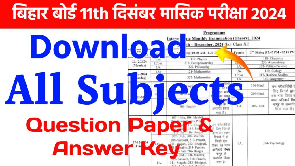 Bihar Board 11th December Monthly Exam Question Paper 2024