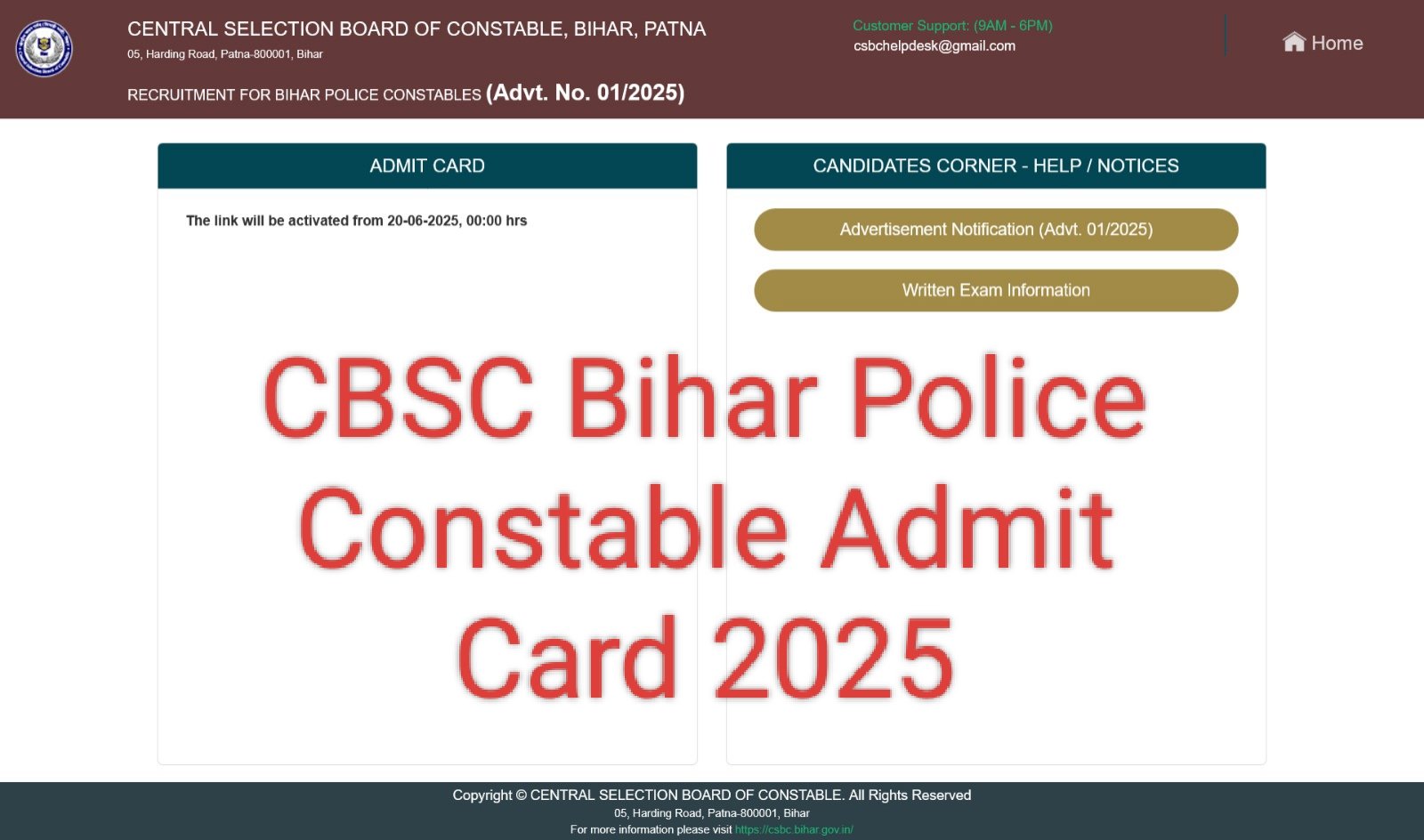 CBSC Bihar Police Constable Admit Card﻿ 2025