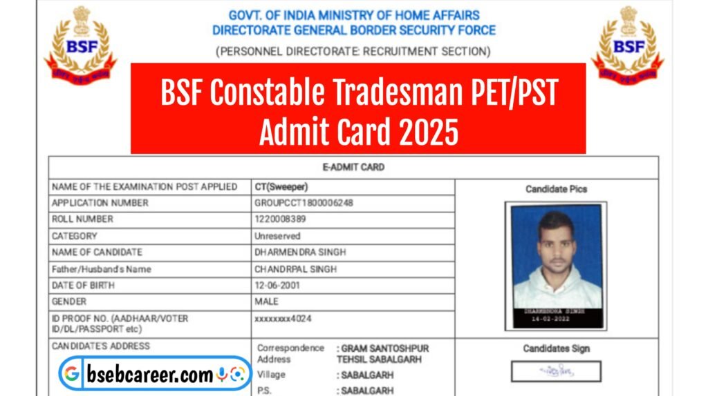 BSF Constable Tradesman PET/PST Admit Card 2025