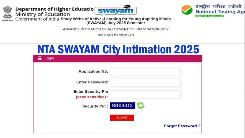 NTA SWAYAM Exam City Details 2025