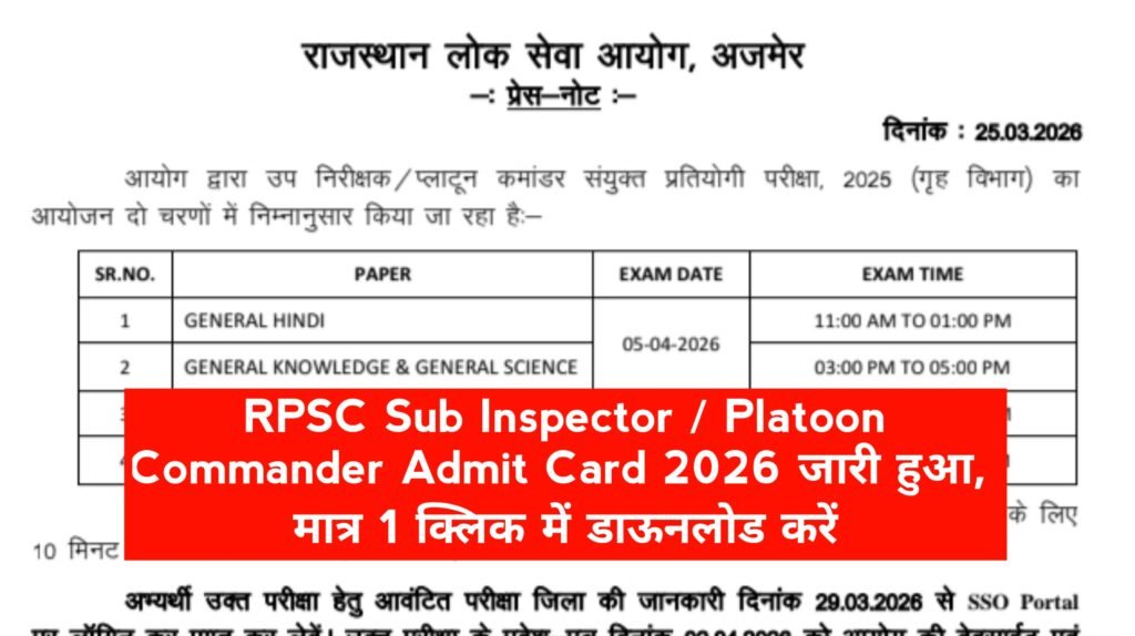 RPSC Sub Inspector Admit Card 2026