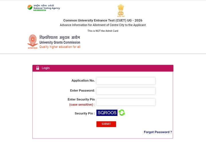 CUET UG Exam City Slip 2026