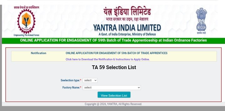 Yantra India Ltd Apprentice Merit List 2026