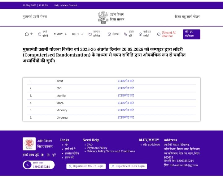 Mukhyamantri Udyami Yojana Selection List 2026