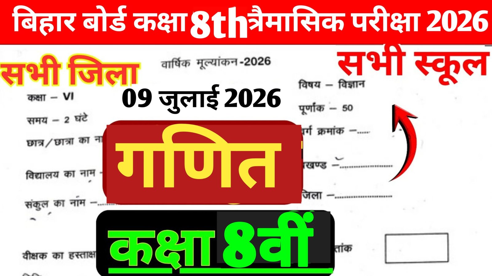 Bihar Board Class 8 Math Quarterly Exam Question Paper 2026