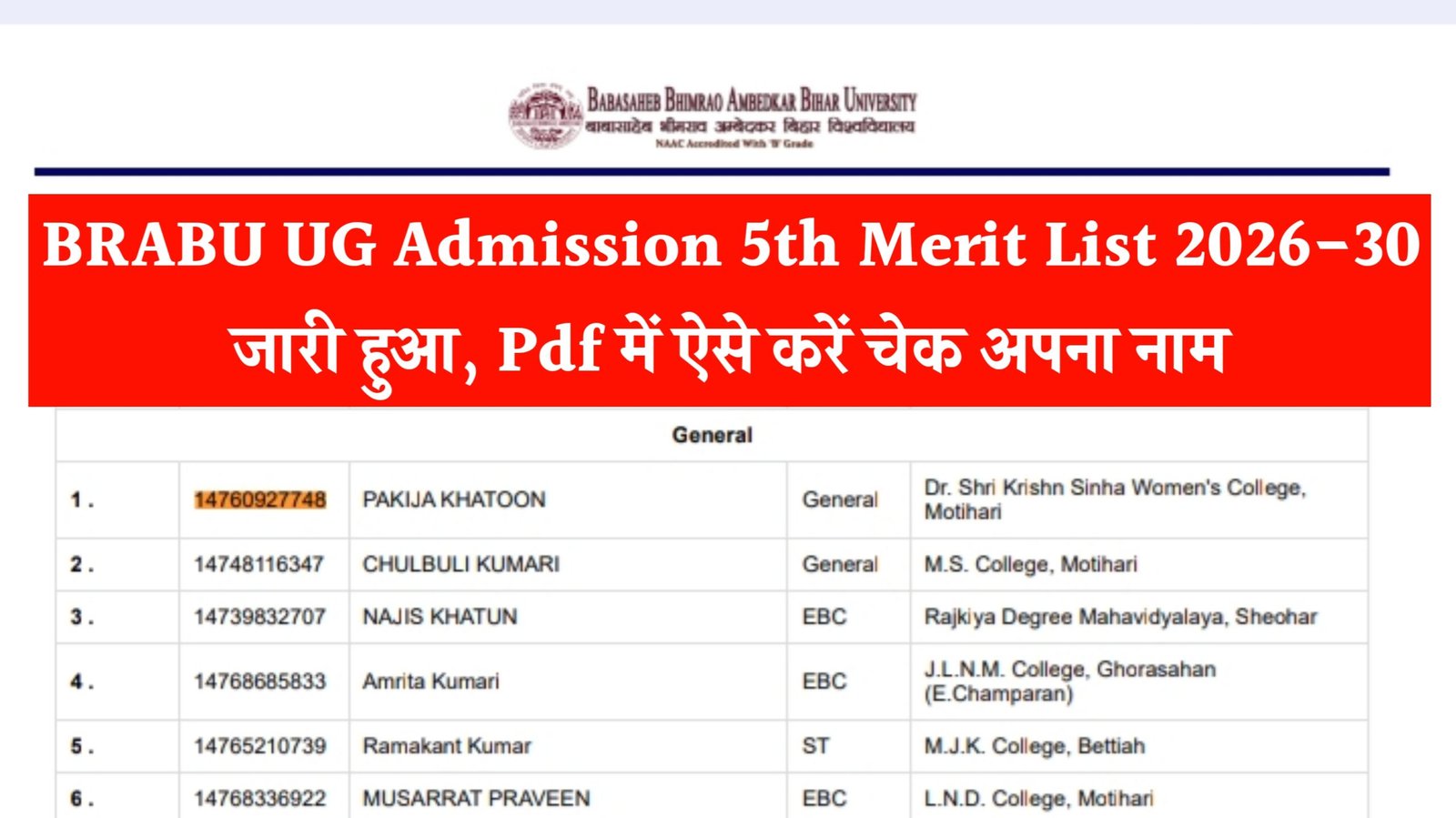 BRABU UG Admission 5th Merit List 2026-30