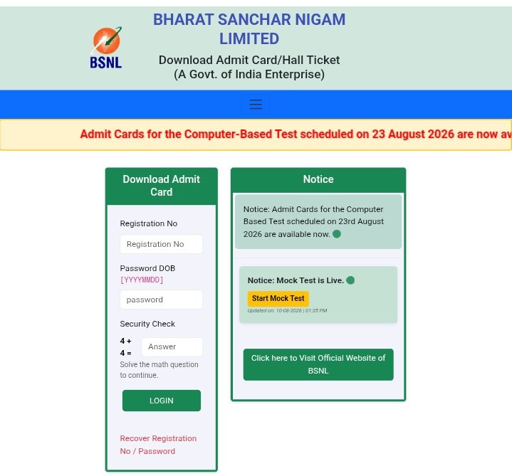 BSNL JTO Admit Card 2026