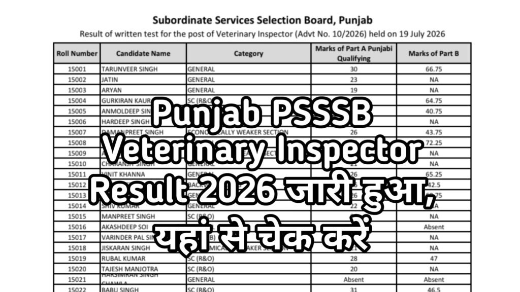 Punjab PSSSB Veterinary Inspector Result 2026