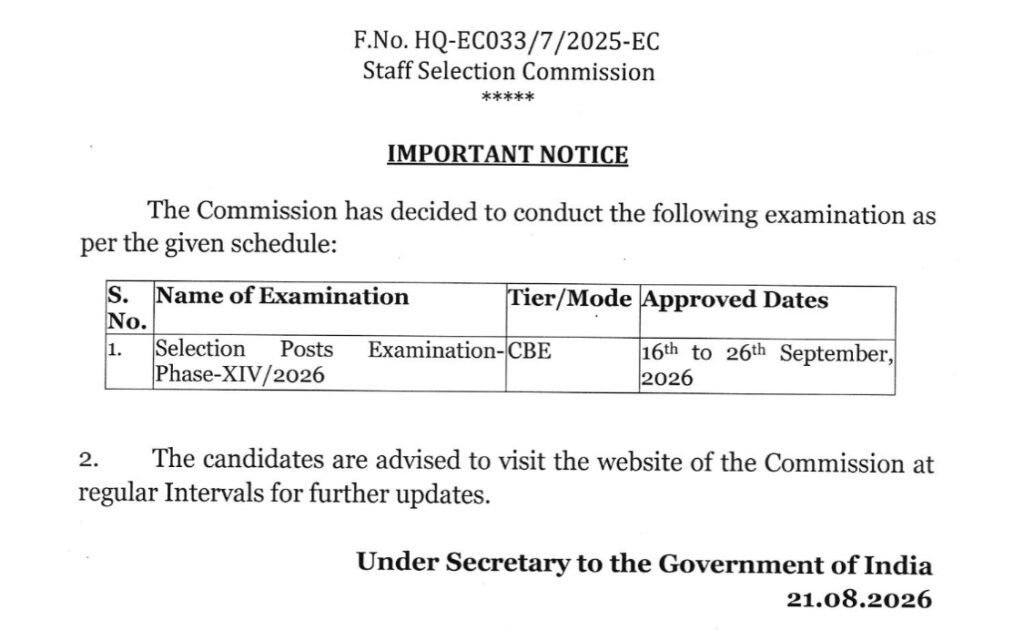 SSC Selection Post Phase 14 Exam Date 2026