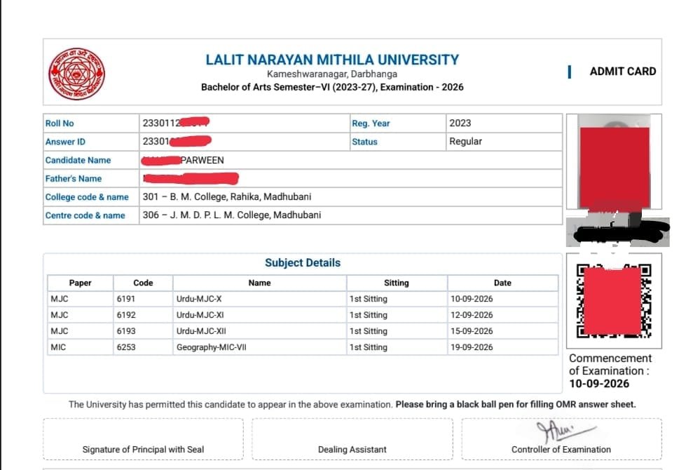 LNMU UG 6th Semester Admit Card 2026