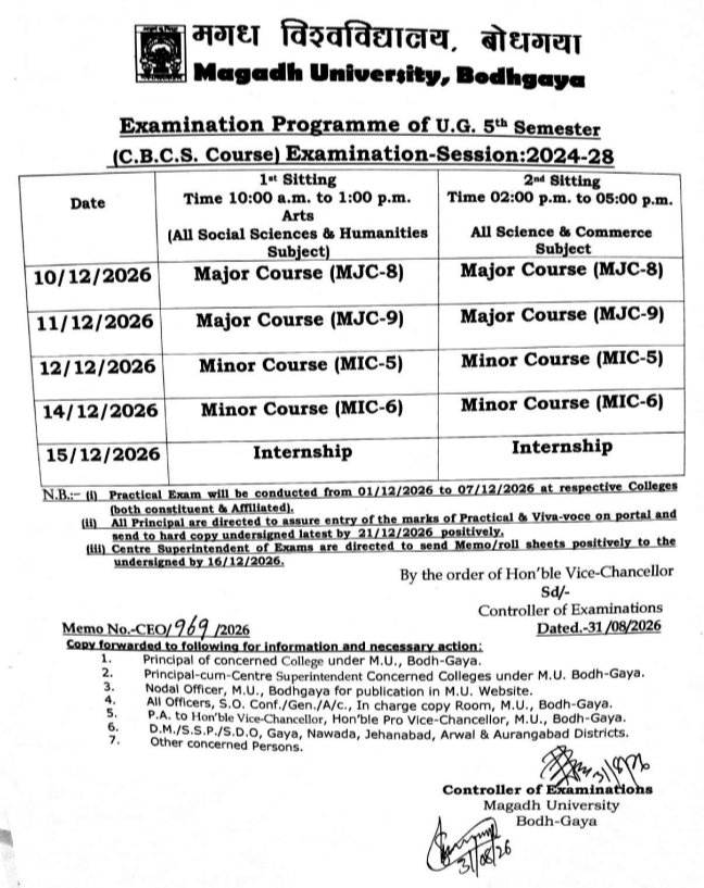 Magadh University UG 5th Semester Exam Date 2026
