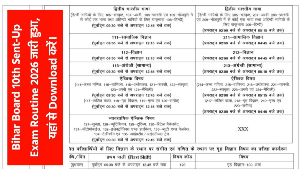 Bihar Board 10th Sent Up Exam Routine 2026